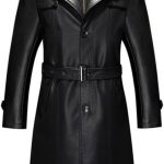 Mens Double Collar Long Trench Coat Long PU Leather Jacket Parka (S-XL)
