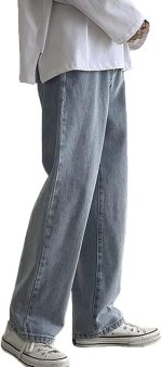 Men's Loose Fit Straight Leg Denim Jeans Baggy Wide Leg Plain Pants Trousers - Image 2