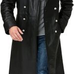 Mens Genuine Leather Trench Coat German Military Officer Uniform Long Black Leather Pea Coat WW2 Trench Coat