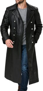 Mens Genuine Leather Trench Coat German Military Officer Uniform Long Black Leather Pea Coat WW2 Trench Coat