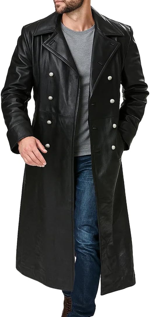 51ZMXUcVQIL._AC_SL1086_.jpg Mens Genuine Leather Trench Coat German Military Officer Uniform Long Black Leather Pea Coat WW2 Trench Coat - Image 1