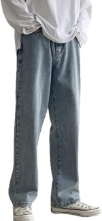 Men's Loose Fit Straight Leg Denim Jeans Baggy Wide Leg Plain Pants Trousers