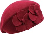 Wool Beret Hat Winter Warm Beret Hat Floral  Style Beanie Hats with for Women Girls (Red)