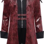 Men‘s PU hooded Leather Steampunk Jacket Medieval Gothic Victorian Vampire Coat Tailcoat Gear Design Adjustable (Red, S)