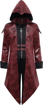Men‘s PU hooded Leather Steampunk Jacket Medieval Gothic Victorian Vampire Coat Tailcoat Gear Design Adjustable (Red, S)