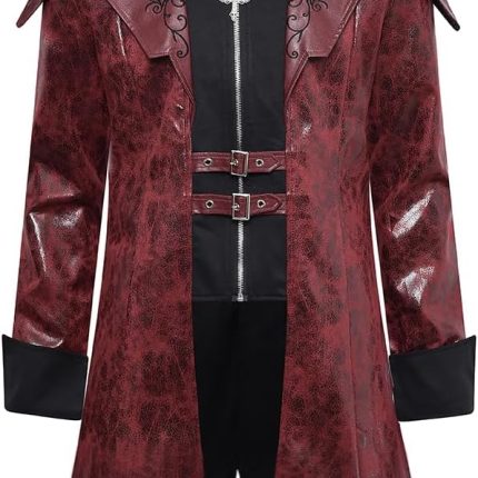 Men‘s PU hooded Leather Steampunk Jacket Medieval Gothic Victorian Vampire Coat Tailcoat Gear Design Adjustable (Red, S)