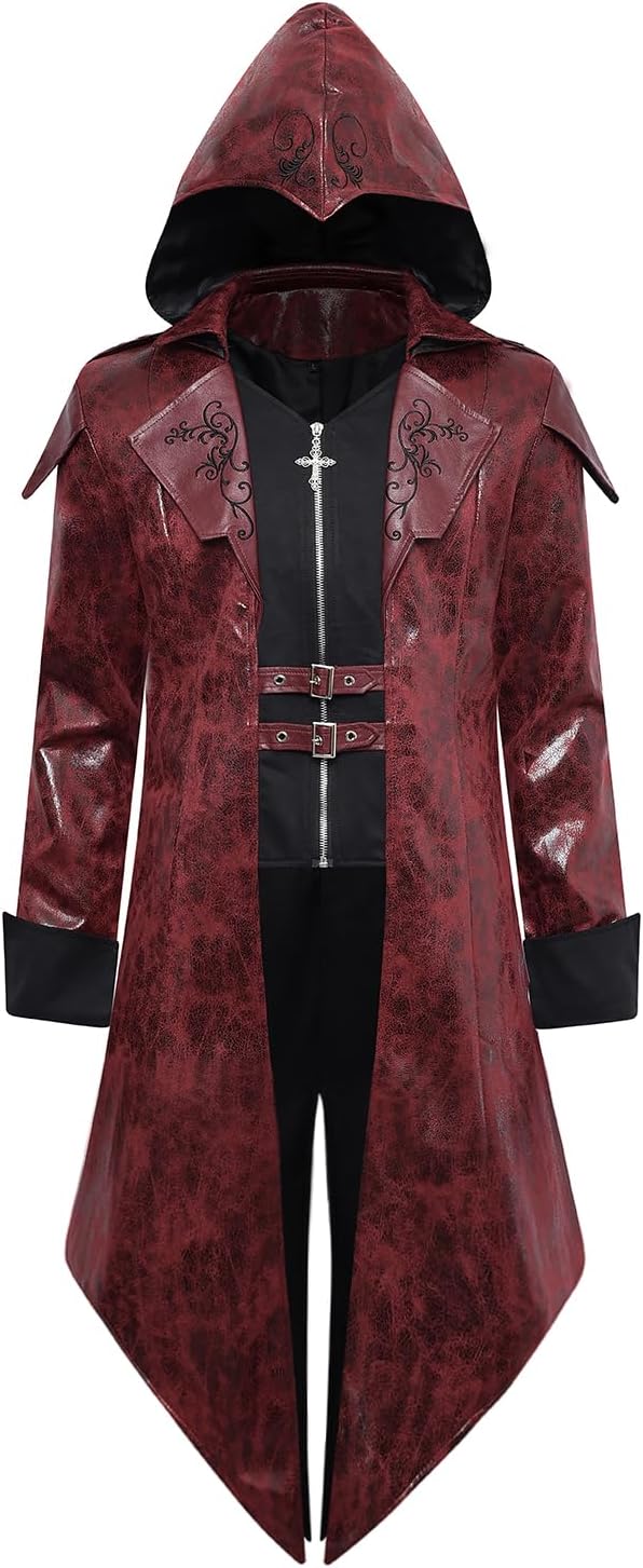 615zAjINL._AC_SL1500_.jpg Men‘s PU hooded Leather Steampunk Jacket Medieval Gothic Victorian Vampire Coat Tailcoat Gear Design Adjustable (Red, S) - Image 1