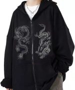 Women Men  Zip Up Oversized Hoodie Gothic Dragon Graphic   Alt Baggy Fleece Jacket 90s Punk Streetwear - Image 2