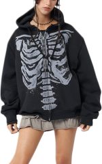 Women Men  Zip Up Hoodie Oversized Skeleton Graphic Hoodies Jacket Aesthetic Vintage Gothic  Sweatshirt - Image 2