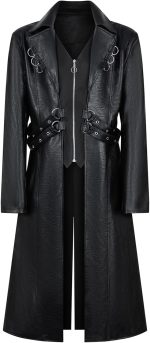 Men's 70s PU Leather Trench Coat Long German Style Punk Motorcycle Jacket Black  Leather Zipper Coat