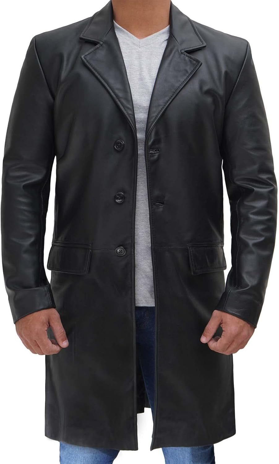 61OVCzwU-1L._AC_SL1500_.jpg Leather Trench Coat Men - Real Leather Long Overcoat for Mens - Image 1