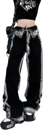 Women Workwear Jeans Vintage Contrast Jeans High Waist Loose  Drop Feel Pants Gothic Wide Leg Pants