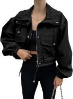 Women Cropped Jacket Zip Up Lightweight Oversized Utility Anorak Coat with Pockets - Image 2