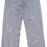 Trousers Cross Denim Pants Streetwear Hip Hop Low Rise Baggy Jeans for Men Korean  Women Cargo Pants Punk Clothe