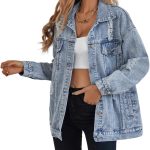 Denim Jacket for Women Ripped Jean Jacket Boyfriend Long Sleeve Trucker Coat