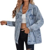 Denim Jacket for Women Ripped Jean Jacket Boyfriend Long Sleeve Trucker Coat