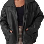 Women Oversized Faux Leather Motocycle Jacket Zip Up Outwear Coat with Pockets