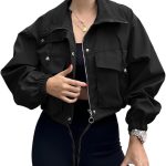 Women Cropped Jacket Zip Up Lightweight Oversized Utility Anorak Coat with Pockets