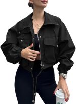 Women Cropped Jacket Zip Up Lightweight Oversized Utility Anorak Coat with Pockets