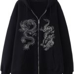 Women Men  Zip Up Oversized Hoodie Gothic Dragon Graphic   Alt Baggy Fleece Jacket 90s Punk Streetwear