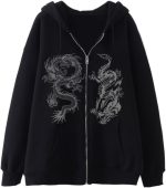 Women Men  Zip Up Oversized Hoodie Gothic Dragon Graphic   Alt Baggy Fleece Jacket 90s Punk Streetwear