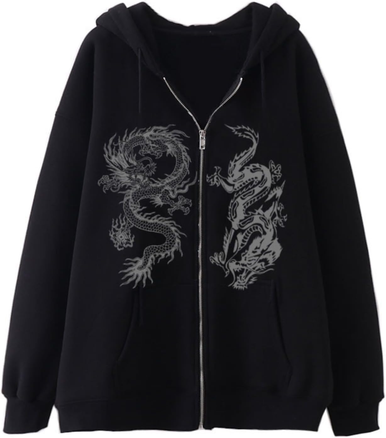 61zVcK89DrL._AC_SL1500_.jpg Women Men Zip Up Oversized Hoodie Gothic Dragon Graphic Alt Baggy Fleece Jacket 90s Punk Streetwear - Image 1