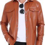 Men's Faux Leather Jacket, Slim Fit Stretch Classic Windbreak Jacket Lapel Collar Button Down Microfleece