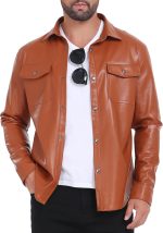 Men's Faux Leather Jacket, Slim Fit Stretch Classic Windbreak Jacket Lapel Collar Button Down Microfleece