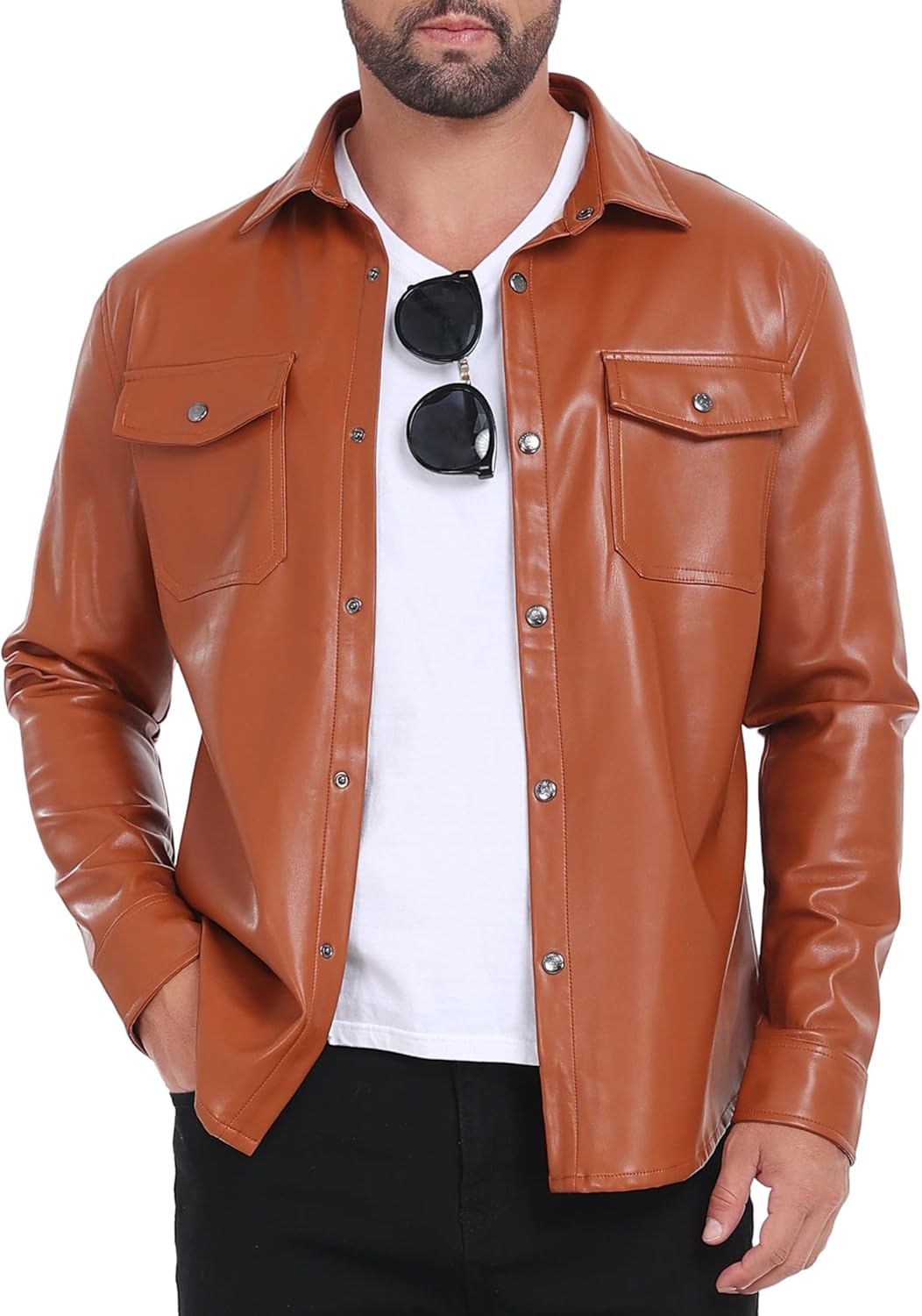 710k2e6yhFL._AC_SL1500_.jpg Men's Faux Leather Jacket, Slim Fit Stretch Classic Windbreak Jacket Lapel Collar Button Down Microfleece - Image 1