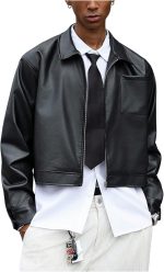 Men's Faux Leather Jacket Long Sleeve Zip Up Collared Crop Biker Motorcycle Lightweight Coat Outerwear