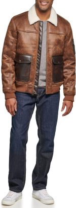 mens Faux Leather Aviator Bomber Jacket With Sherpa Lined Collar - Image 2