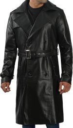 Mens Leather Coats - Real Lambskin Black Trench Coat Style Leather Jackets For Men - Image 2