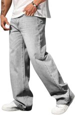 Men's High Waist Loose Jeans Baggy Straight Leg Denim Pants Trousers