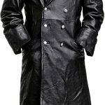 German Classic Officer WW2 Military Uniform Black Leather Trench Coat