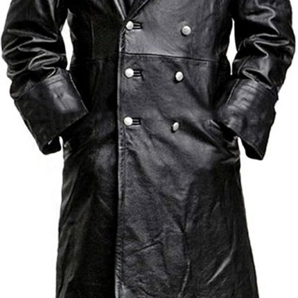 German Classic Officer WW2 Military Uniform Black Leather Trench Coat