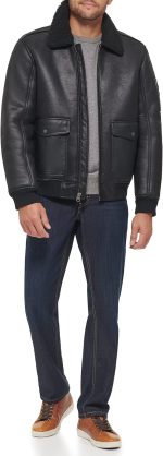 mens Faux Leather Aviator Bomber Jacket With Sherpa Lined Collar - Image 2