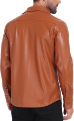 Men's Faux Leather Jacket, Slim Fit Stretch Classic Windbreak Jacket Lapel Collar Button Down Microfleece - Image 2