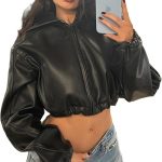 Leather Jacket Women Zip up Hoodies Motorcycle Bomber Jacket Streetwear Cropped Trench Coat for Women