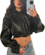 Leather Jacket Women Zip up Hoodies Motorcycle Bomber Jacket Streetwear Cropped Trench Coat for Women