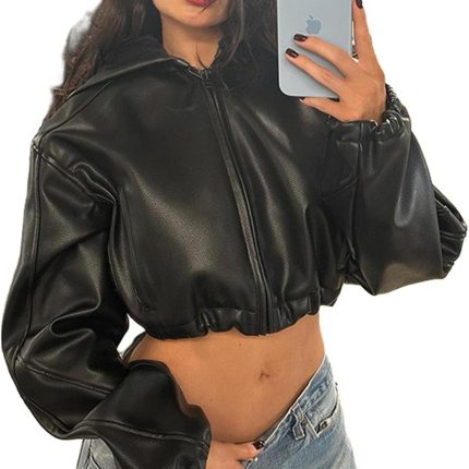 Leather Jacket Women Zip up Hoodies Motorcycle Bomber Jacket Streetwear Cropped Trench Coat for Women