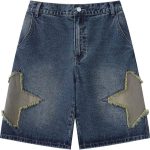 Mens Star Patchwork Denim Shorts Mid Rise Casual Loose Summer Streetwear Unisex Jeans Jorts