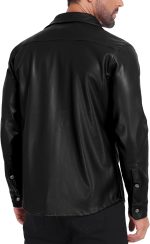 Men's Faux Leather Jacket, Slim Fit Stretch Classic Windbreak Jacket Lapel Collar Button Down Microfleece - Image 2
