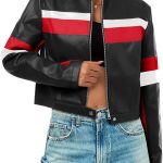 Women Cropped Moto Biker Jackets Faux Leather Bomber Jacket Color Block Vintage Racing Coats