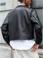 Men's Faux Leather Jacket Long Sleeve Zip Up Collared Crop Biker Motorcycle Lightweight Coat Outerwear - Image 2