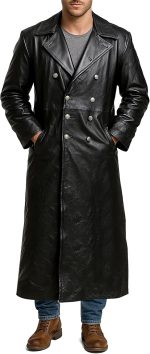 Mens Genuine Leather Trench Coat German Military Officer Uniform Long Black Leather Pea Coat WW2 Trench Coat - Image 2
