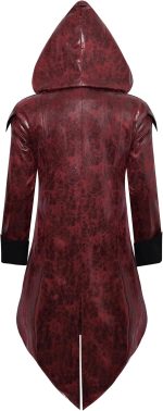 Men‘s PU hooded Leather Steampunk Jacket Medieval Gothic Victorian Vampire Coat Tailcoat Gear Design Adjustable (Red, S) - Image 2