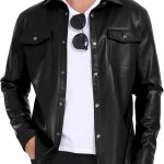 Men's Faux Leather Jacket, Slim Fit Stretch Classic Windbreak Jacket Lapel Collar Button Down Microfleece