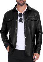 Men's Faux Leather Jacket, Slim Fit Stretch Classic Windbreak Jacket Lapel Collar Button Down Microfleece