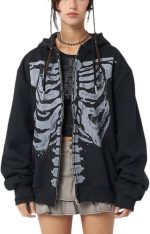 Women Men  Zip Up Hoodie Oversized Skeleton Graphic Hoodies Jacket Aesthetic Vintage Gothic  Sweatshirt
