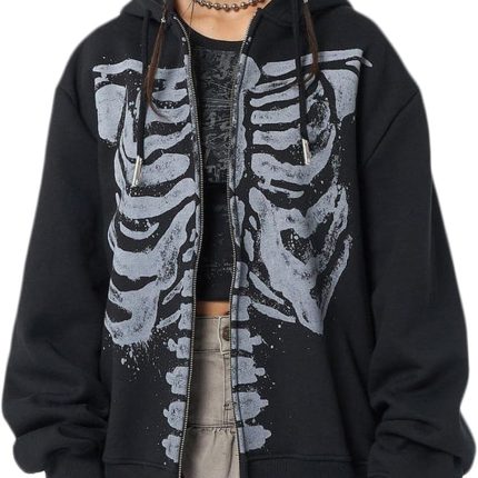 Women Men  Zip Up Hoodie Oversized Skeleton Graphic Hoodies Jacket Aesthetic Vintage Gothic  Sweatshirt